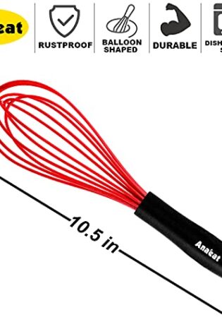 ANAEAT 10.5" Silicone Whisk, Thick Stainless Steel Wire Inner - Heat Resistant Kitchen Whisks for Non-Stick Cookware, Balloon Egg Beater for Whisking, Blending, Beating, Frothing & Stirring (Red) - Image 4